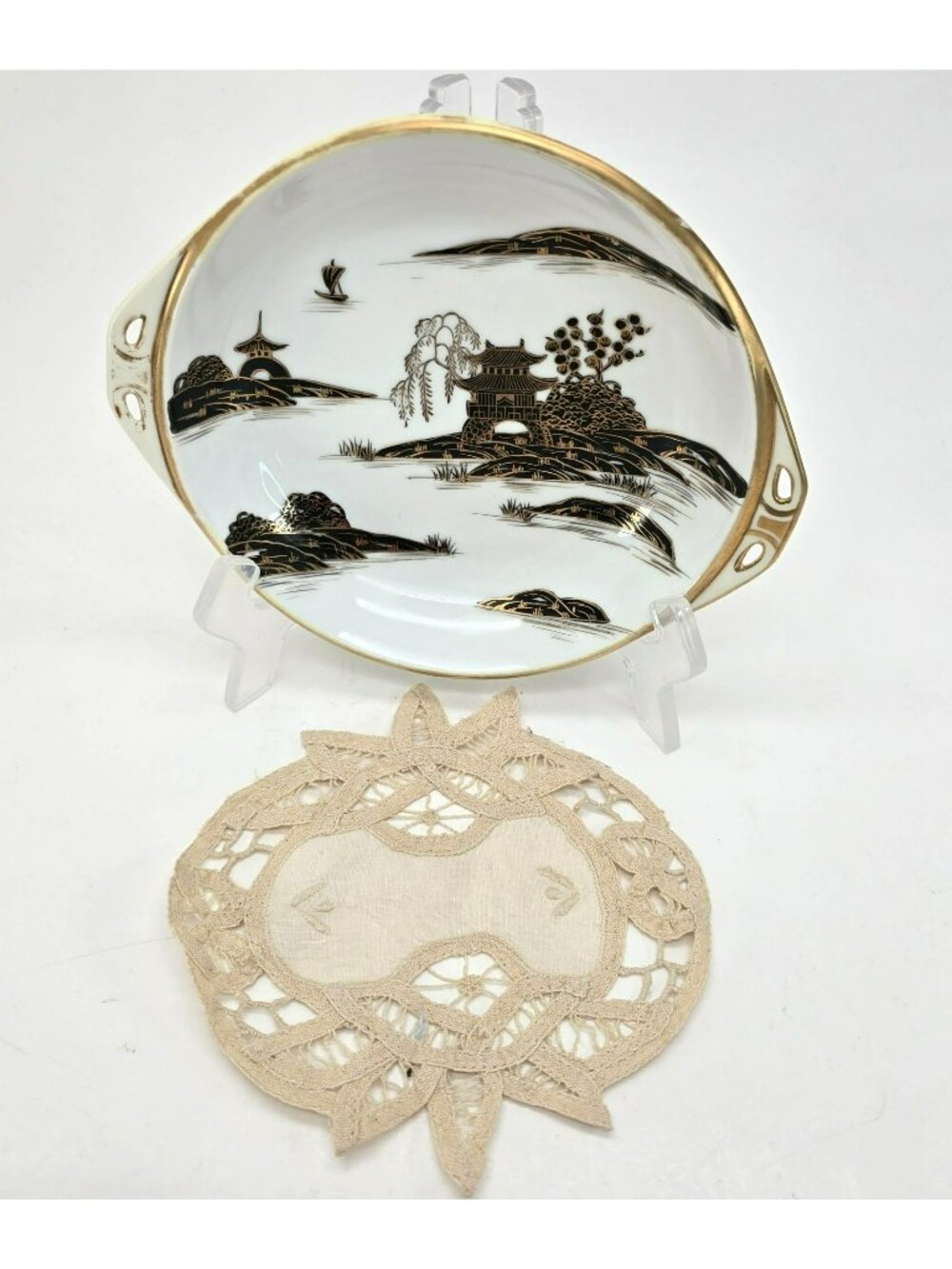 Vintage Nippon Japanese Porcelain Serving Bowl Gold Black Landscape Doily je173